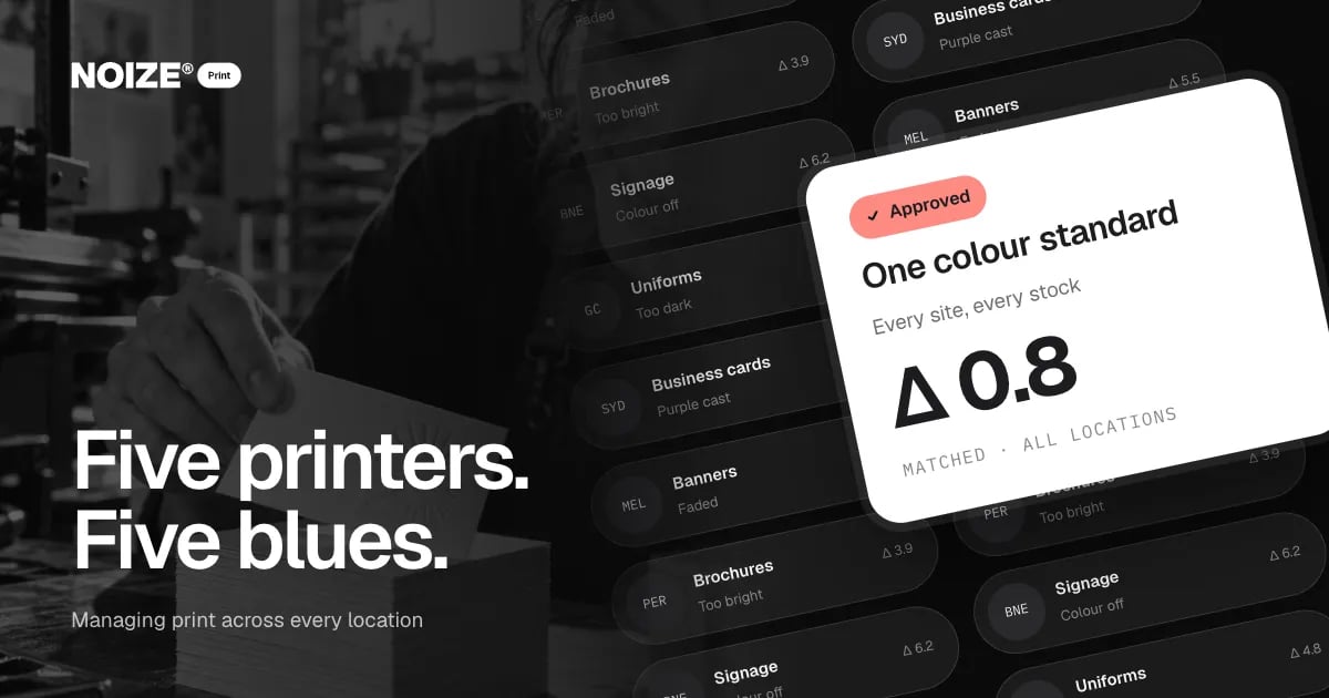 A wall of colour-mismatched print jobs by city with a white One colour standard card showing Delta 0.8.
